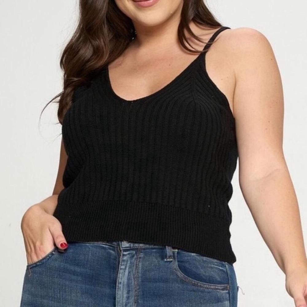 Talent Ribbed Knit V-Neck Cami Tank Top Womens 2XL Black Sleeveless Plus Size